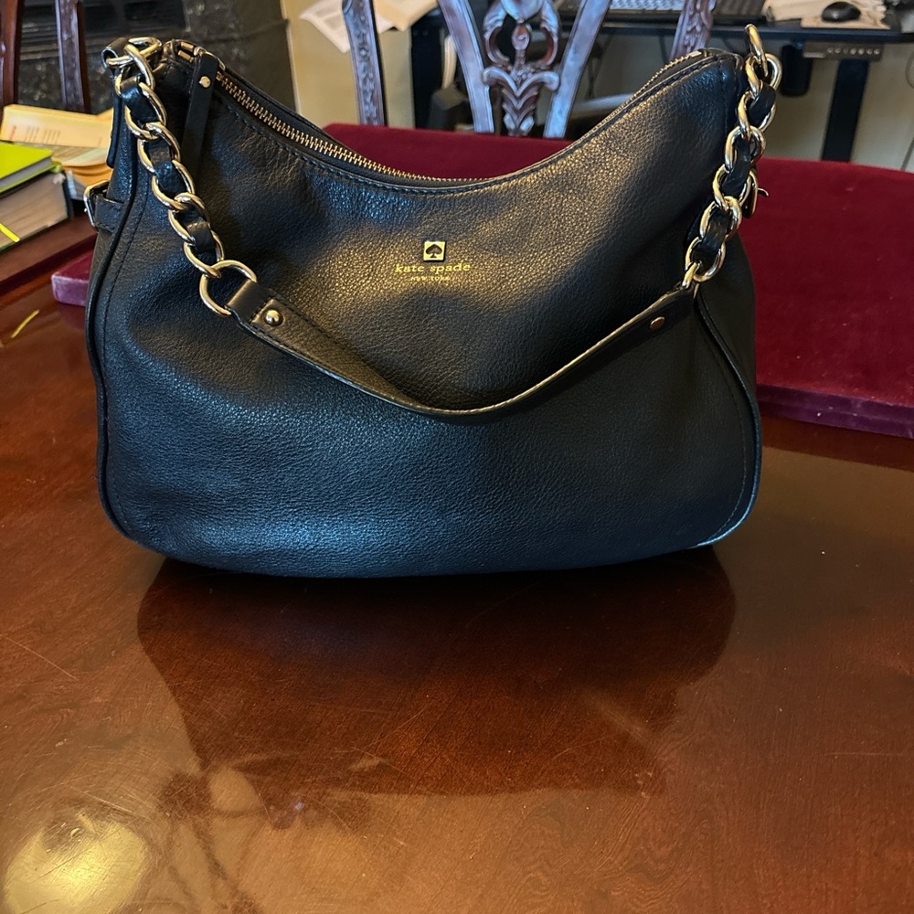 Kate Spade black leather Hobo hand bag shoulder bag gold chain accent